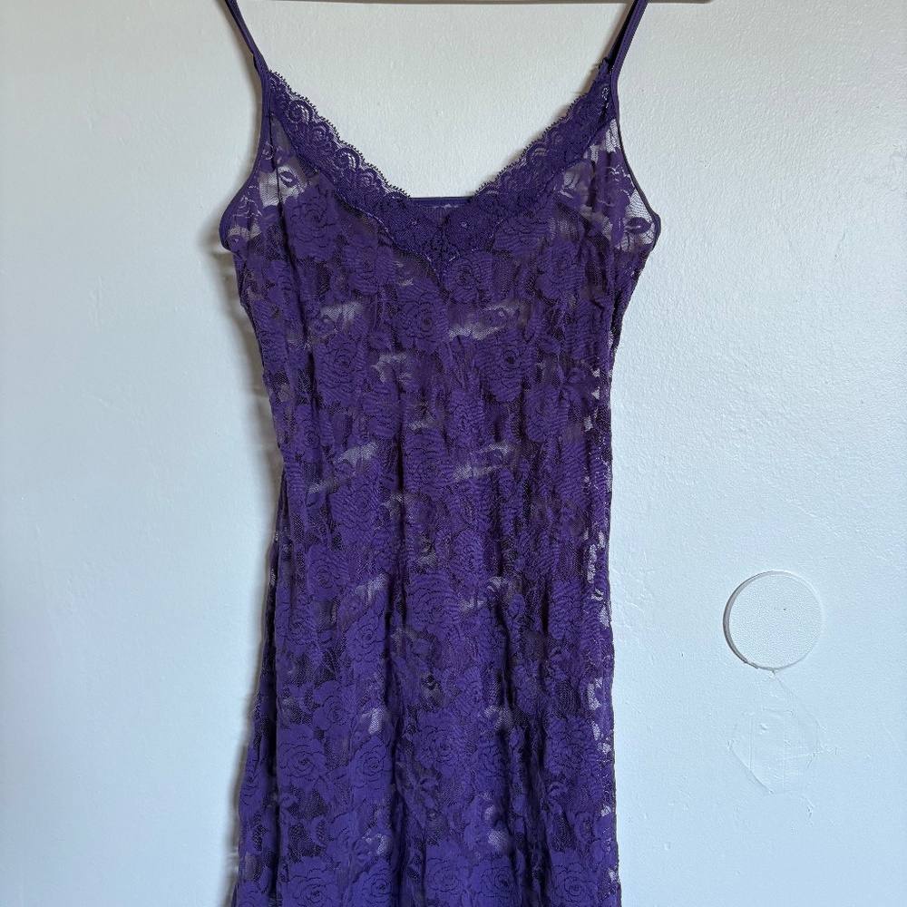Lace Purple Tank Slip Dress Spaghetti Strap Midi-Length Bodycon Vintage Fitting